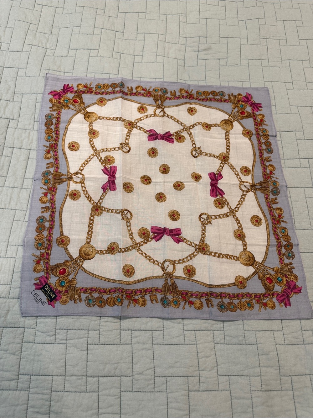 Celine Lavender, Pink & Gold Bow Chain-Print Handkerchief/Scarf - NWT - 19”x19”